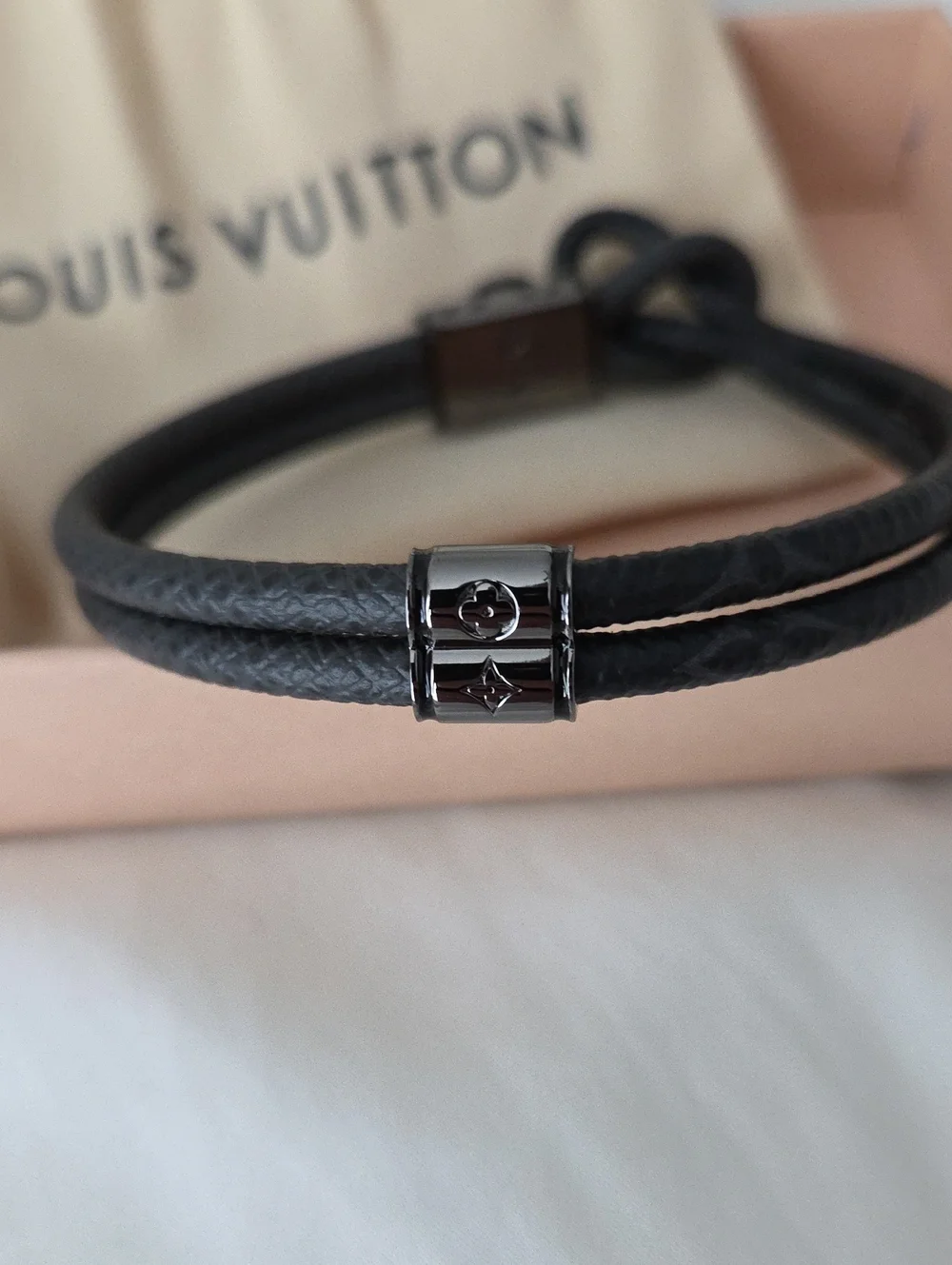 Louis Vuitton Men’s Black Leather LV Bracelet New Unused